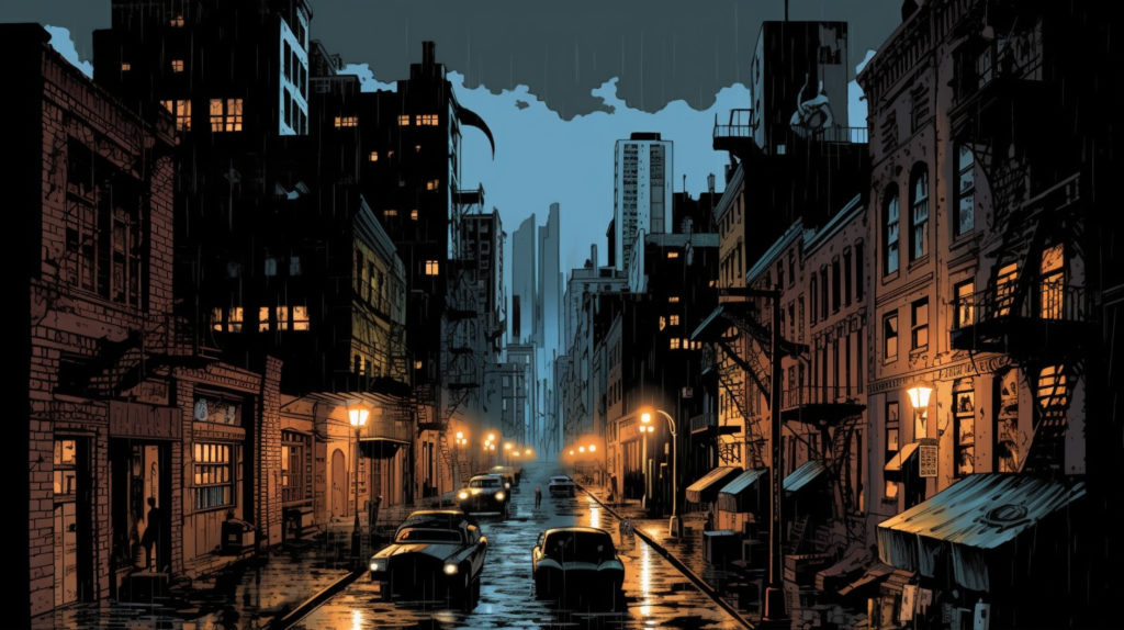 A street scene of Gotham City