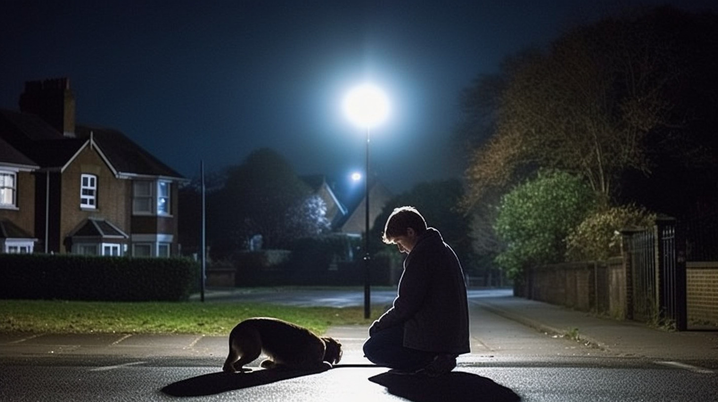 A boy at night looking at a dead dog.